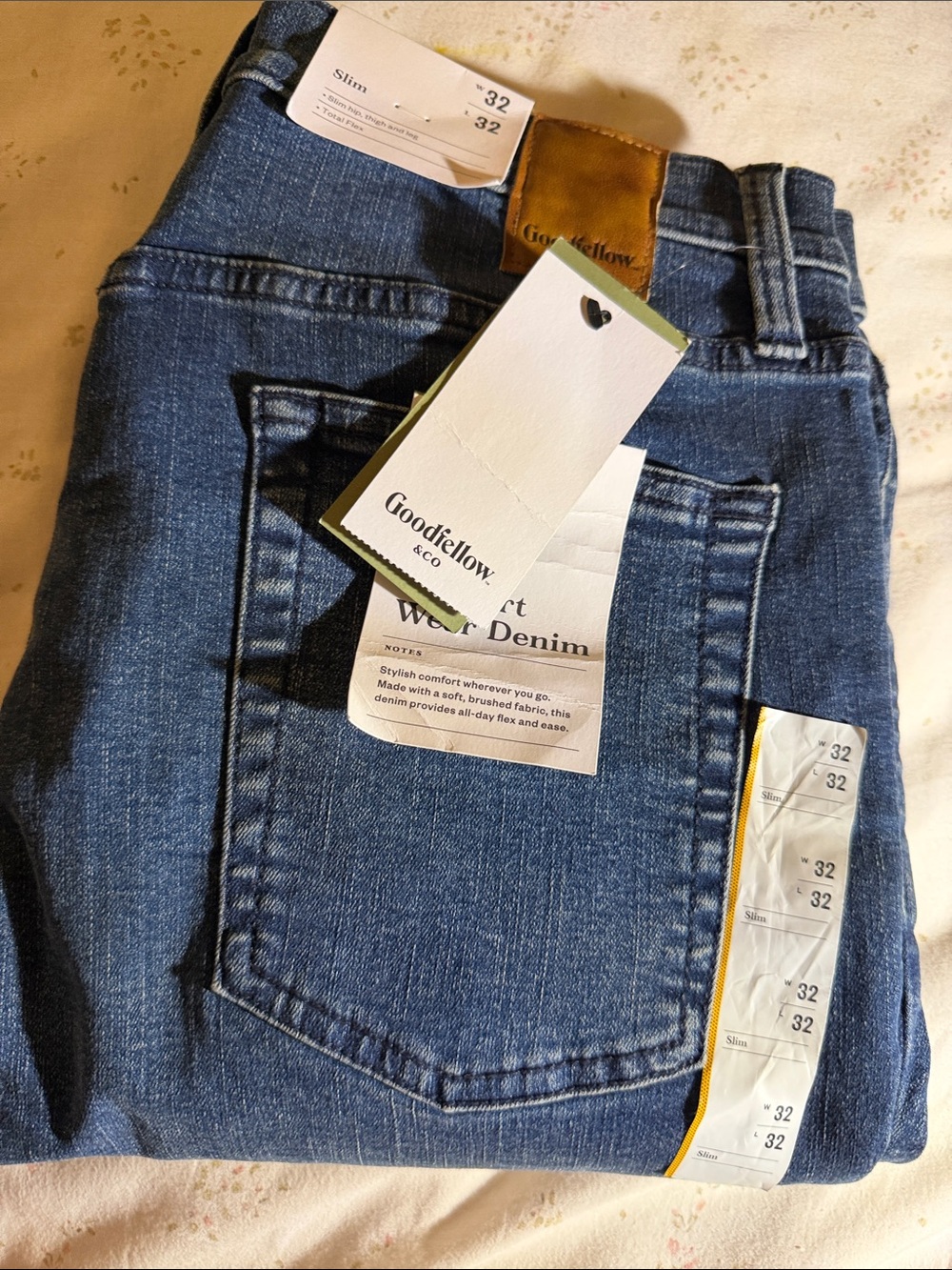Goodfellow & Co Blue Denim Jeans with Tan Leather Patch